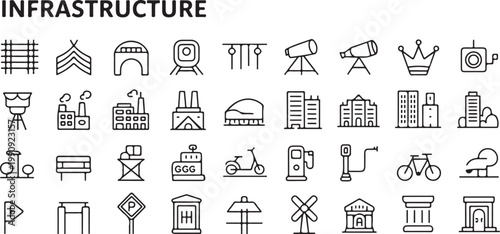 Set of 36 infrastructure related icons in flat style in black with white fill on a transparent background.