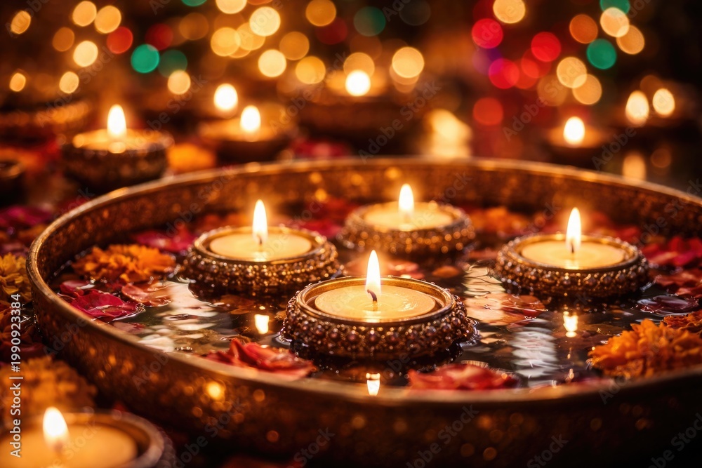 Fototapeta premium Warm Diwali ambiance with illuminated floating candles and colorful bokeh lighting