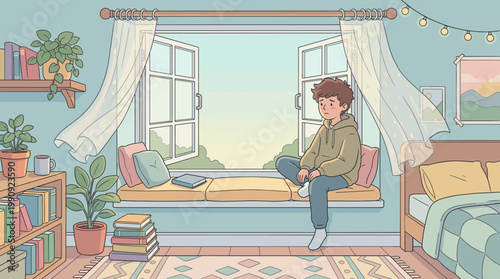 White teenage boy sitting alone in cozy room looking out window in soft light in flat style - concept loneliness solitude