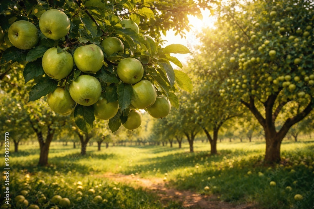 Fototapeta premium Lush orchard full of ripe green apples in summer light