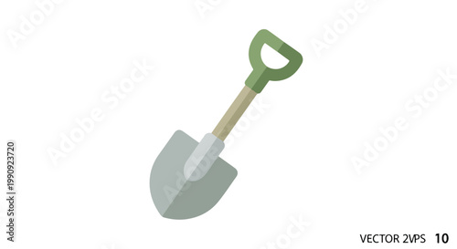 Vector illustration of a garden shovel with a green handle and wooden shaft on a white background.