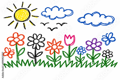 Childlike crayon pencil colorful flower meadow with sun and clouds in kids drawing style - concept spring nature