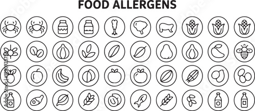 Food allergens line icon set collection of vector isolated fish, crab, milk, egg, corn, peanut, soy, bee.