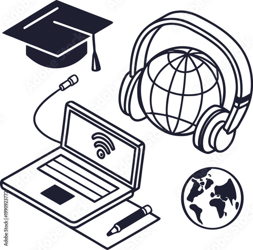 Set of icons representing online education and global learning opportunities