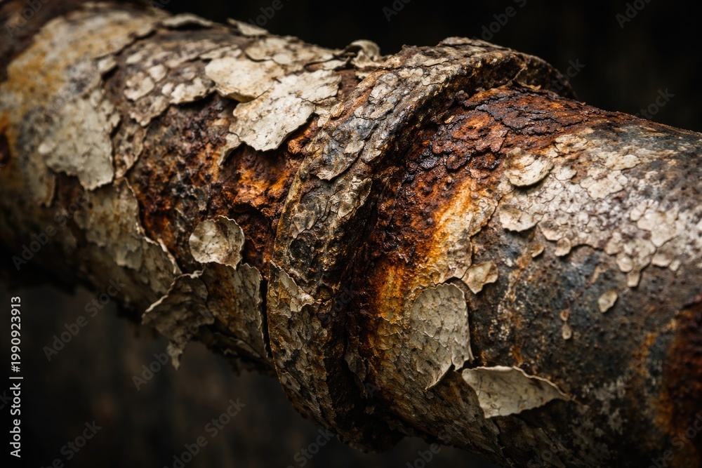 Fototapeta premium Rusty metal pipe exhibiting flaking lead paint decay