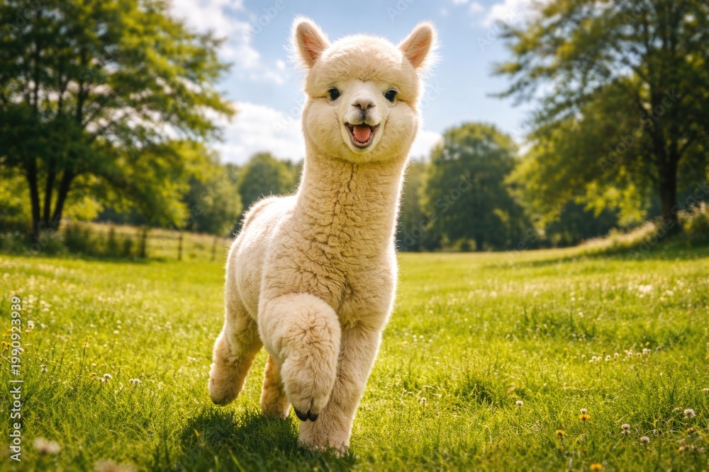 Fototapeta premium Joyful pet alpaca running across lush green lawn full length summer day