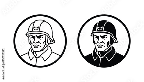 Firefighter in protective helmet bust icon set in circular frame for emergency services and fire department branding in outline and solid black vector style