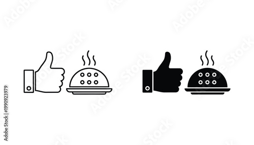 Food catering service concept with thumbs up and served cloche icon set in outline and solid black vector style for restaurant and hospitality industry
