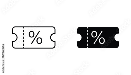 Discount ticket icon set with percentage symbol in outline and solid black vector style for retail sale promotions and e-commerce marketing assets