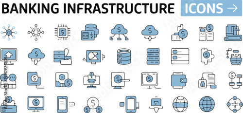 Banking infrastructure icons set for finance and digital payments with currency symbols and network connections flat vector.