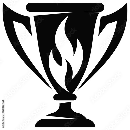 Dynamic vector graphic illustration of a trophy with a stylized flame emanating from within, representing achievement and passion in a design context.