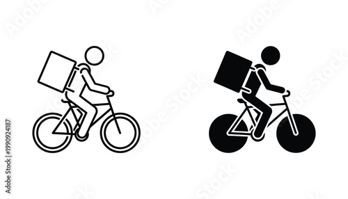Bicycle delivery courier icon set featuring outline and solid black vector symbols for logistics and food service transportation concepts
