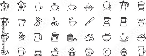 Coffee shop and cafe icons for morning beverage breakfast preparation espresso machine porcelain cups beans bakery sweet dessert.