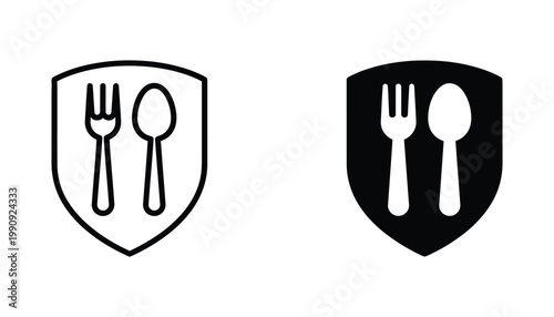 Food safety and restaurant dining shield icon with fork and spoon silhouette in outline and solid black vector styles for quality assurance or health inspection branding