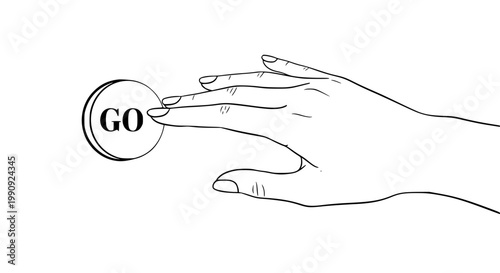 Hand pressing the circular GO button with the word GO clearly visible, representing start or initiation of a process.