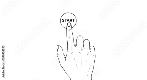 Single hand illustration graphic design pushing a round button labeled "START" representing initiation or beginning of a project or process
