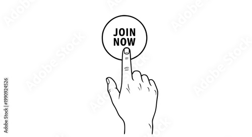 Hand touching a round button with text "JOIN NOW" in a simple vector illustration graphic design representing action and engagement