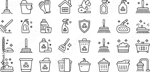 Cleaning service icons set, line art representation of tools and supplies for home and professional hygiene.