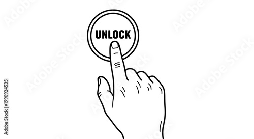Unlock button illustration featuring a human finger pressing a circular sign as a vector graphic concept for cybersecurity access control or digital user interface interaction