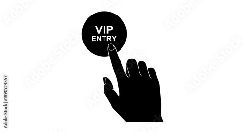 Vector illustration of a human hand pressing a black circular button labeled VIP ENTRY, symbolizing exclusive access and privileged entrance with a digital interface concept.