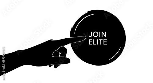 Vector graphic illustration of a black silhouette hand pointing to a large black button with the words "JOIN ELITE" displayed, symbolizing decision making and exclusive membership options.