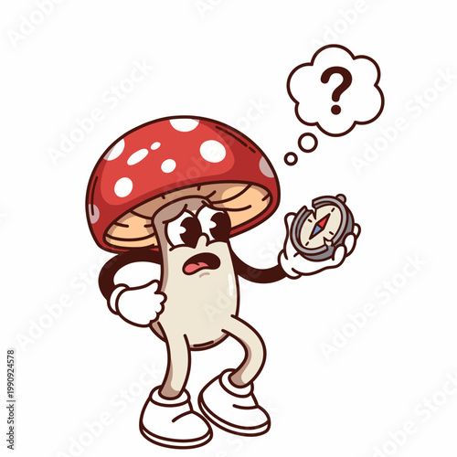 An illustrated mushroom character holding a compass, showcasing confusion and the emotion of searching for direction while pondering life's journey and choices.