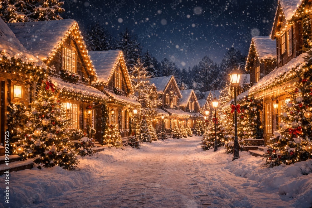 Fototapeta premium Charming nighttime winter townscape featuring snowfall and houses decorated with bright Christmas lights