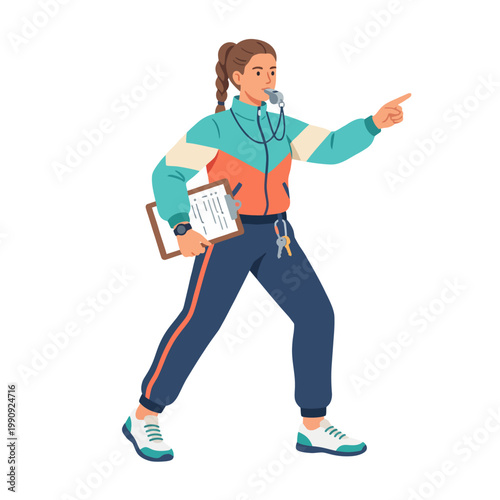 A dynamic image of a female sports coach actively instructing athletes while holding a clipboard, showcasing the essence of sports leadership and motivation.