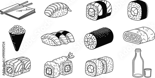 "Set of Sushi and Japanese Food Icons Featuring Rolls, Nigiri, Sashimi, and Drinks for Restaurant, Culinary, and Asian Cuisine Designs"
