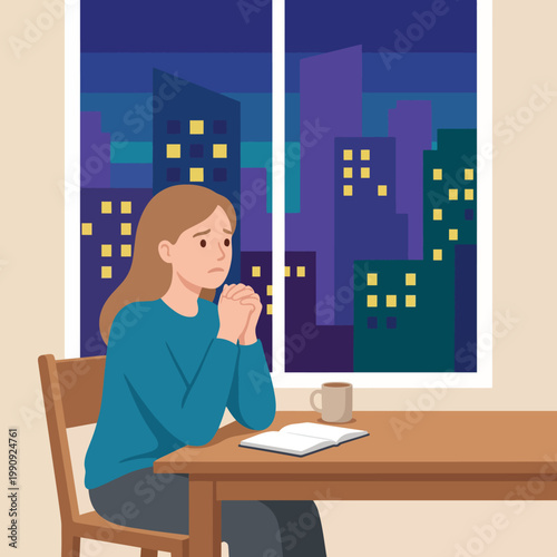 A woman sits at a table, looking contemplative with city lights behind her, emphasizing solitude, reflection, and the ambiance of an urban nighttime setting in a stylized design.