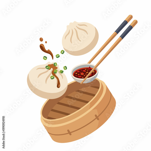 This vibrant image captures delicious steamed dumplings presented with a dipping sauce, showcasing an appetizing culinary experience that evokes the joy of dining.