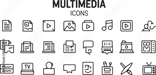 Multimedia icons collection showing play buttons videos audio music files documents and media player elements for web and apps.