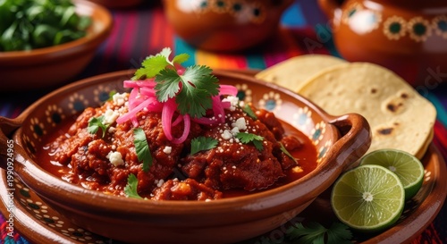A bowl of mexican food with tortillas and limes Cino de Mayo