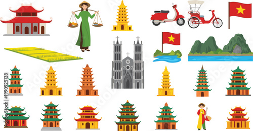 Vietnam Travel Icon Set Featuring Traditional Pagodas Street Vendor with Carrying Pole Cyclo Motorbike and National Flag for Southeast Asia Tourism Designs