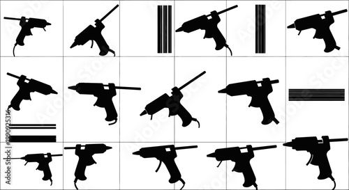 Collection of black silhouette icons representing a glue gun and glue sticks in various poses and angles isolated on a clean white background ideal for design projects