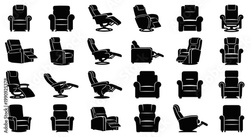 Collection of black silhouette recliner chairs in various positions and styles isolated on a clean white background showcasing comfort and relaxation design elements for home
