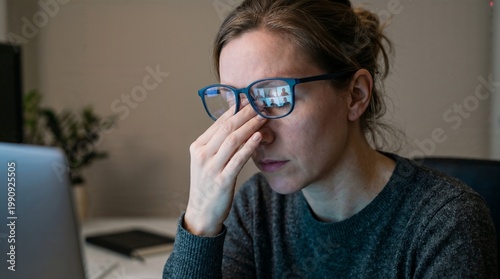 Businesswoman rubbing tired eyes during video conference call suffering from work stress and digital eye strain