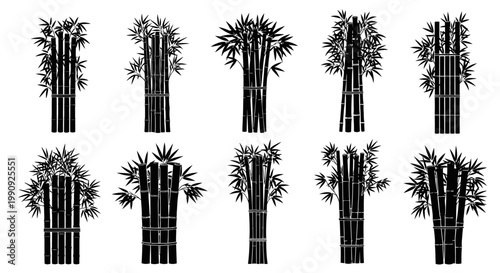 Collection of stylized black bamboo stalks with lush green foliage isolated on a clean white background representing nature growth and eastern culture in graphic design elements