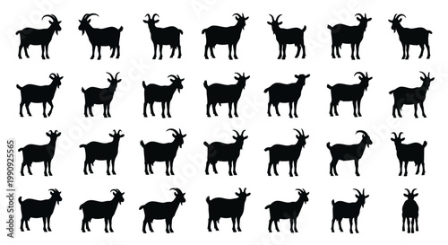 Collection of diverse black silhouettes of goats in various poses and styles isolated on a clean white background representing farm animals and wildlife concepts