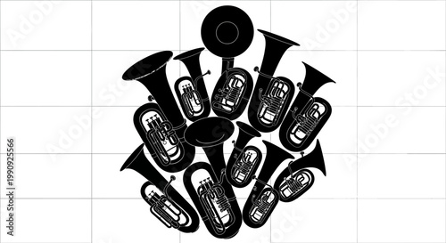 Tableau sur toile Collection of various brass wind musical instruments including tubas euphoniums