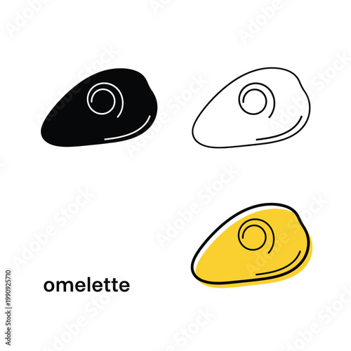 Three omelettes in black, outline, and colored versions, isolated on transparent background.