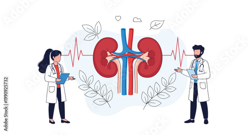 Two doctors in white coats standing next to a large illustration of human kidneys for medical education or healthcare awareness.