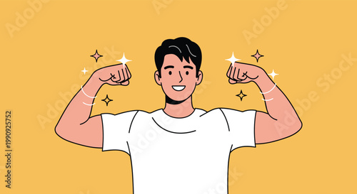 Confident young man in a white t-shirt flexing his biceps and showing his physical strength with a big smile on yellow background.