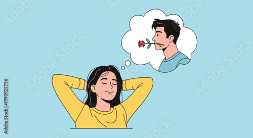 Young woman lying back and dreaming about a romantic man holding a red rose in his mouth in a thought bubble on blue.