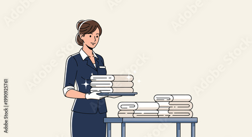Professional hotel maid in a blue uniform and white gloves carrying a stack of clean towels on a tray in a minimalist room.