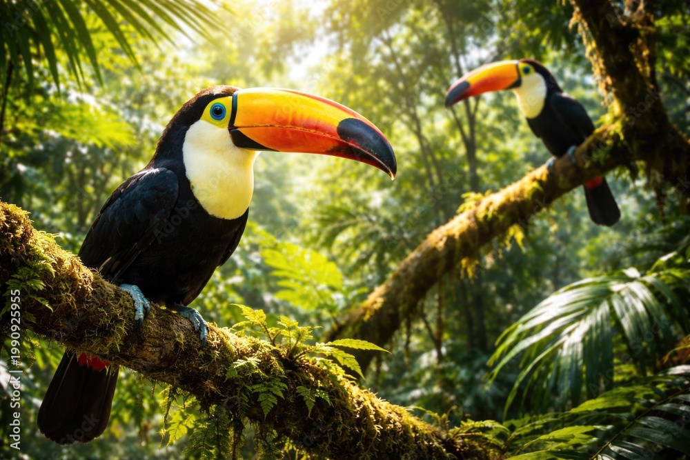 Obraz premium Colorful toucan birds perched among dense rainforest trees on a bright sunny day