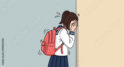Sad schoolgirl in uniform leaning against a wall and crying while wearing a backpack in a school hallway or home setting.