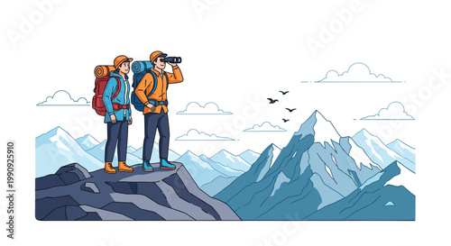 Two hikers with backpacks standing on a rocky mountain peak while one man looks through binoculars at the scenic landscape.