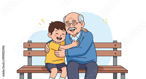 Happy grandfather and his young grandson hugging while sitting together on a wooden park bench during a family visit outdoors.