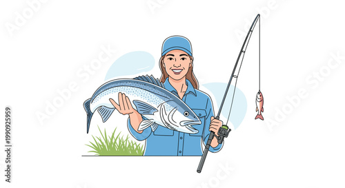 Happy woman holding a large caught fish and her fishing rod while smiling during a successful day at the lake or river.